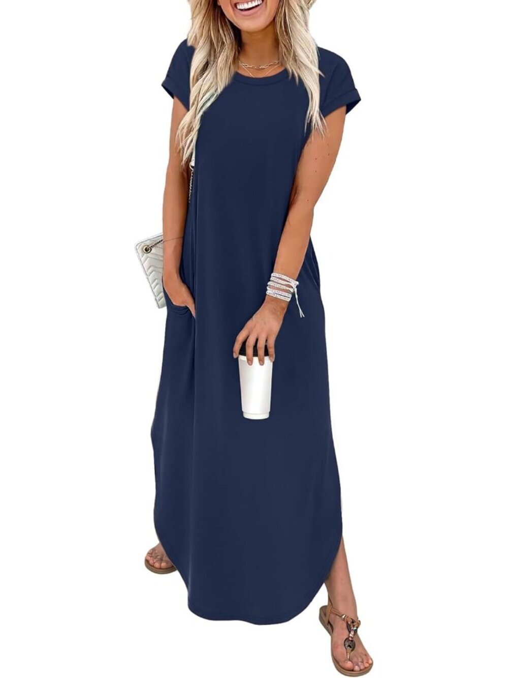 Women's Navy Blue Cap Sleeve Crewneck Pockets Vacation Casual Long Maxi Dress